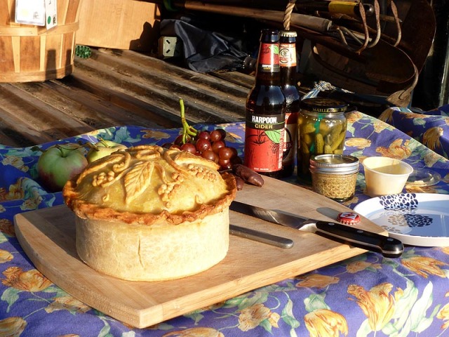 The Gala Pie, along ith mustards, pickles, beer, cider, along with some fruit and a bit of chocolate
