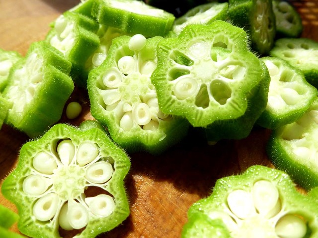 close-up of sliced okra pod
